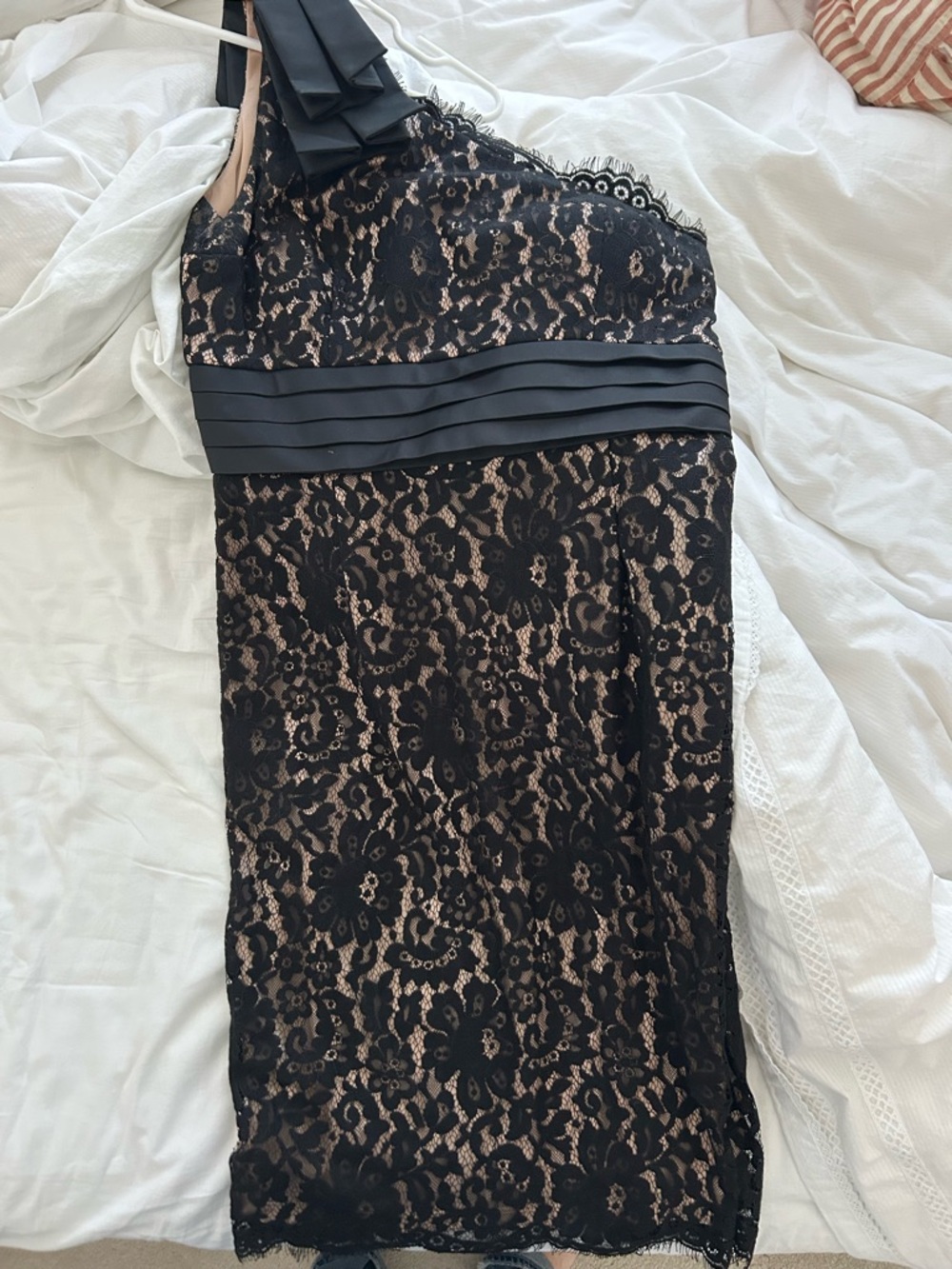 Eliza J: Black Lace One-Shoulder Cocktail Dress with Nude Underlay